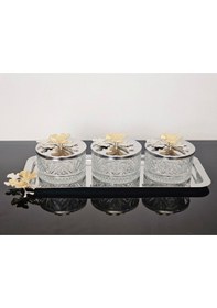 Resim Atabey Home Collection 3'lü Kelebekli Gümüş Tepsili Kase Seti & Şekerlik & Sunumluk & Çerezlik 