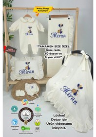 Resim Gros Shop Müslin Yeni Doğan 4katlı Organik %100pamuk Kişiye Özgü Nakışlı Hastane Çıkış Seti Balonlu Aslan-4 Ekru-1 