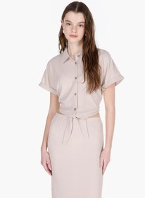 Resim Regular Fit Shirt Neck Jakarlı Kadın Bej Kısa Kol Gömlek 