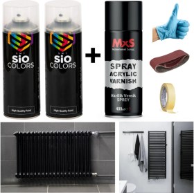Resim Sio Colors 2 Adet Isıya Dayanıklı Radyatör Kalorifer Petek Sprey Boya Seti + Vernik 400 ml (Bant-Zımpara-Eldiven) 
