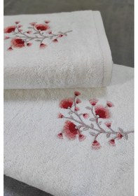 Resim 2'li Set Banyo Havlusu - Bambu & Nakışlı Banyo Havlu Seti-lisette Krem 