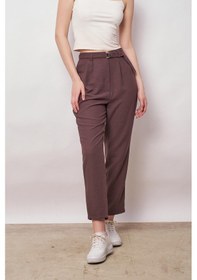 Resim JUMENT Keten Yüksek Bel Pileli Beli Lastikli Kemerli Boyfriend Pantolon-kahve 