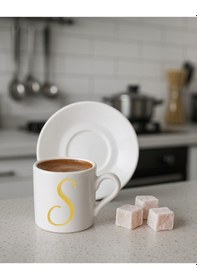 Resim Türk Kahvesi Fincanı Harf, Espresso Fincanı Harf Beyaz - Altın22 