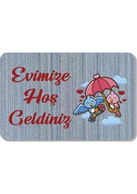 Resim Dijital Baskılı Kapı Önü Paspas Hoşgeldiniz Yazılı Çiçek Desen Ve Kedi Iç Ve Dış Kapı Yıkanabilir Kırmızı 