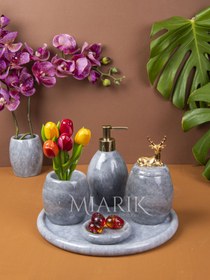 Resim MIARIK DESIGN & DEKORASYON Dekoratif Gri Oval Mermer Banyo Seti Takımı 5 Li Aksesuar Detaylı Tasarım Set 