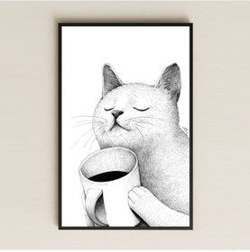 Resim Minimal Kahve Keyfi Yaşayan Kedi Çizim Pleksi Tablo 