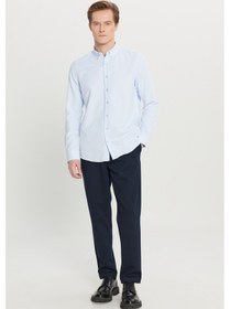 Resim Altınyıldız Classıcs Erkek Acık Mavı Pamuklu Tailored Slim Fit Dar Kesim Düğmeli Yaka Armürlü Gömlek 