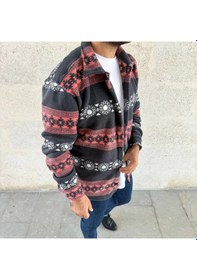 Resim Erkek Desenli Polar Gömlek - Etnik Şerit Desen Yakalı, Uzun Kollu, Düğmeli, Oversize Rahat Kalıp - Füme Siyah 