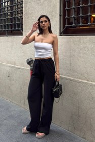 Resim BEJNA Kadın Siyah Keten Dokulu Bol Kesim Palazzo Pantolon 