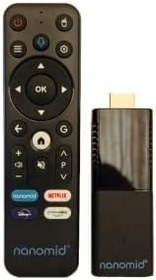 Resim TV Stick Android 4K Nanomid Plus, OS Android 10.0, CPU ARM Quad Cortex-A7 1.2 GHz'e kadar, DRAM: DDR3 2GB Flash: EMMC 16GB, GPU Mali-400MP2, Wi-Fi 2.4GHz 802.11 b/g/n 5GHz (2/16GB) 