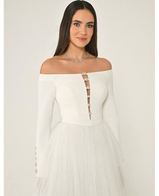 Resim Açık Omuz Kollu Eteği Tül Midi Abiyeelbise 25y6844 Alfa Beta Beyaz 