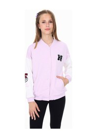 Resim Toontoy Kız Çocuk Mavi Kolej Yaka Çıtçıt Kapama Düşük Omuz Nakış Baskılı Renk Bloklu Örme Hırka - 2 İplik Şardonlu Açık Lila 