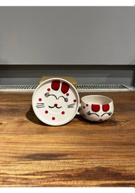 Resim Kedi Desenli Tabaklı Seramik Kupa, Mug, Double T. Kahvesi Filtre 