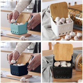 Resim 1 Adet GDCZ Seramik Sarımsak Saklama Kabı Ahşap Kapaklı - Kare Sarımsak Depolama Kabı, Havalandırmalı Bölmeler & Ergonomik Sap, Beyaz & Turkuaz, Mutfak Tezgah Düzenleyici, Tazelik Koruyucu, Yeni Ev Hediyesi 