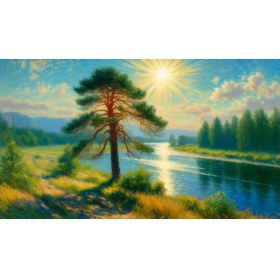 Resim Venspor Güneşli Gün Manzarası Nehir Kenarında Ağaç Arkaplan 200 x 150 cm Fon Duvar Örtüsü 