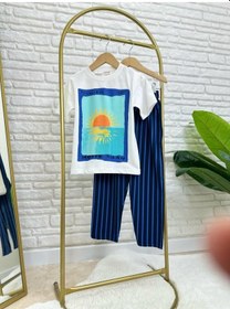 Resim Lolliboomkids Unisex Çocuk Sunrise Postcard Summer Baskılı Krem Tişört Ve Mavi Çizgili Pantolon Takım Ekru Mavi Ekru - Mavi 