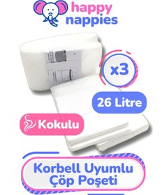 Resim HappyNappies Korbell 26lt Uyumlu Yerli Malı Bebek Bezi Çöp Poşeti - 3 Paket - 2100 Bebek Bezi Kapasitesi 