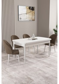 Resim Milas Beyaz 80x132 Mdf Açılabilir Yemek Masası Takımı 4 Adet Sandalye Kahverengi 