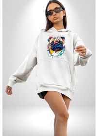 Resim Sulu Boya Pug Köpek Kadın Erkek Beyaz Kapüşonlu Sweatshirt Hoodie Beyaz 