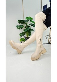 Resim Günlük Kadın Çizme Streç Kalın Topuklu Tırtıklı Taban Oval Burunlu Esnek Rahat Fermuarlı Dizüstü 230 Bej 