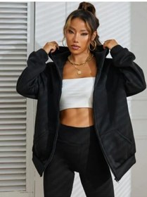 Resim Siyah 2 İp Örme Kumaş Kapüşonlu Fermuarlı Sweatshirt Siyah 