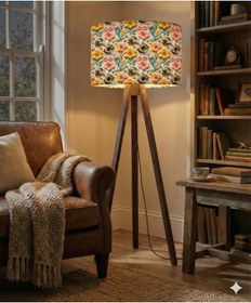 Resim Arılar Ve Çiçekler Desenli Masif Çam Ayaklı Kumaş Tripod Lambader Çok Renkli 