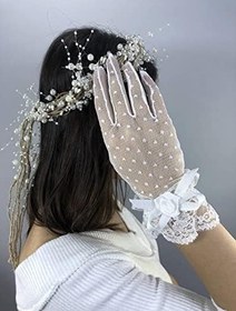 Resim Beyaz Puantiyeli Eldiven Ve Krem İncili Taç Nikah Takımı 