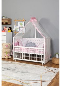 Resim Ahşap Beşik Anne Yanı Beşik Beyaz 60x120 - Pembe Yıldız 3 Yastık Uyku Seti + Yatak Beyaz 