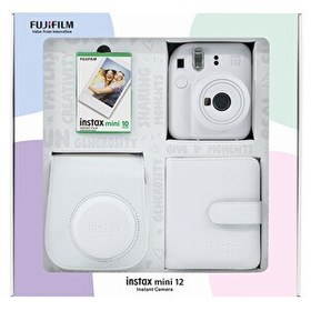 Resim Fujifilm Instax mini 12 Beyaz Fotoğraf Makinesi 10'lu Film Kare Albüm ve Deri Kılıf Bundle Box 