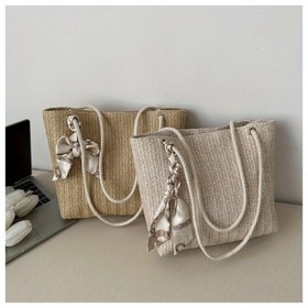 Resim 1 adet Büyük Kapasiteli Kadın Hasır Çanta - Çiçek Desenli Bej, Trendy Taşıma Omuz Çantası, Polyester Malzeme, Kapanmayan, Elde Yıkanabilir, Taşıma Çantası|Çiçek Desenli Çanta|Dayanıklı Sap Çanta, Plaj Çantası 