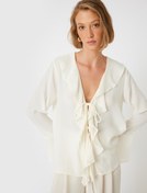 Resim Önden Bağlamalı Fırfırlı Gömlek Uzun Geniş Kol V Yaka 