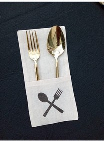 Resim 6 Adet Çatal Kaşık Baskılı Keten Kaşıklık Servis Sunum Bej 