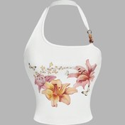 Resim Kadınların Çiçek Desenli Askılı Üstü - Seksi Sırtı Açık Tasarım, Beaded Strap Detaylı, Kadınlar İçin Rahat Yazlık Atlet, Beyaz, Pembe ve Sarı Çiçeklerle, Hafif Polyester Kumaş, Rahat Kıyafet İçin Mükemmel 