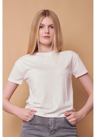 Resim Jument Kadın Sıfır Yaka Kırışmaz Span Karışımlı Şık Kısa Kol Likralı T-shirt Bluz-krem Krem 
