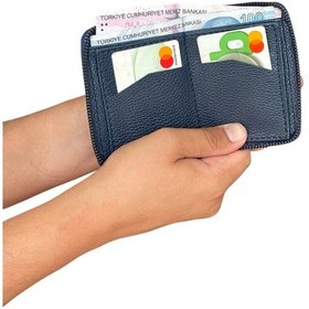 Resim Premium Serisi Özel Kutulu Lüks Deri Yatay Fermuarlı Spor Cüzdan Kemer Kartlık Ve Saat Erkek Seti Lacivert 