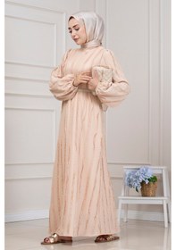 Resim Sevitli Fırfır Detaylı Rüya Elbise-bej-5469 Bej 