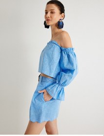 Resim Koton Koton X Melis Ağazat - Fırfırlı Crop Omzu Açık Üst Çiçekli Uzun Kollu Mavi 4sak30138pw Mavi 
