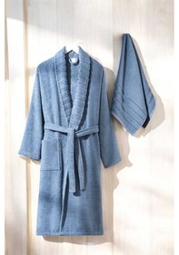 Resim Aqualoom Lüx Erkek Bornoz Ve Havlu Seti %100 Pamuklu Mavi Renkli 