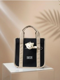 Resim Ayıcıklı Kolon Askılı Buzi Kumaş Bej Detaylı El Ve Omuz Çantası siyah 