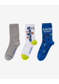 Resim Skechers 3'lü Paket Funny Feet Uzun Çorap Büyük Erkek Çocuk Beyaz-gri-mavi Sk2520125-3474 