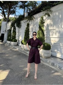 Resim Yakalı Gömlek Kemerli Şortlu Takım - Bordo Bordo 