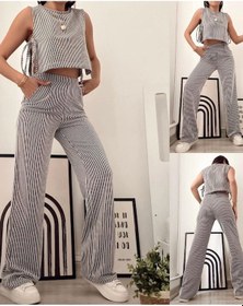 Resim Hgfashion Siyah Çizgili Yandan Bağlamalı Sıfır Kol Crop Pantolon Kadın Alt-üst Takımı Siyah Beyaz 