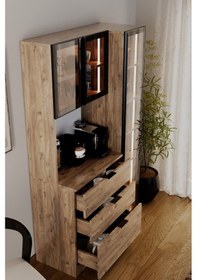 Resim Sierra Temperli Cam 3 Kapaklı Ledli Kahve Köşesi Mutfak Kiler Dolabı Çam Kahverengi 