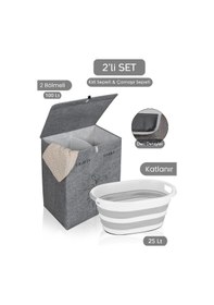 Resim 2bölmeli Çamaşır Sepeti Çok Amaçlı Saklama Hurç Gri 53x33x60cm-25lt Katlanır Çamaşır Selesi 2'li Set Gri 