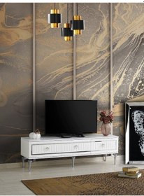 Resim 150 CM KLAS METAL AYAK MDF MEBRAN KAPAK TV SEHPASI BEYAZ GÜMÜŞ 