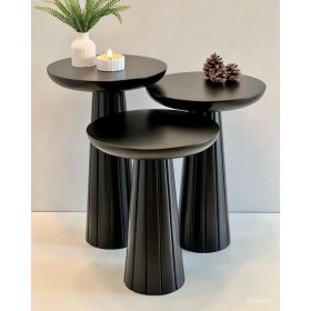 Resim Wood Wooden Siyah Ahşap 3lü Set Fitilli Mantar Yan Sehpa Modern Siyah Renk Fiskos 