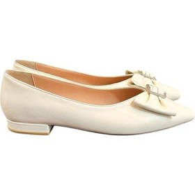 Resim Tufan Shoes Ekru Hakiki Deri Fiyonk Tokalı Babet Ayakkabı Ekru 