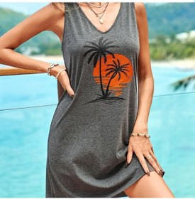 Resim Hindistan Cevizi Ağacı Desenli Kolsuz Tatil Kolsuz V Yaka Bol Elbise Gri 