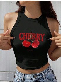 Resim Afri Kadın Siyah "Cherry" Baskılı Kolsuz Crop Atlet - Yazlık Sokak Stili Siyah 