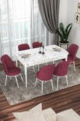 Resim Canisa Kor Serisi 70x114 Açılabilir Mutfak Masası Takımı Beyaz Mermer Desen Masa 6 Bordo Sandalye 